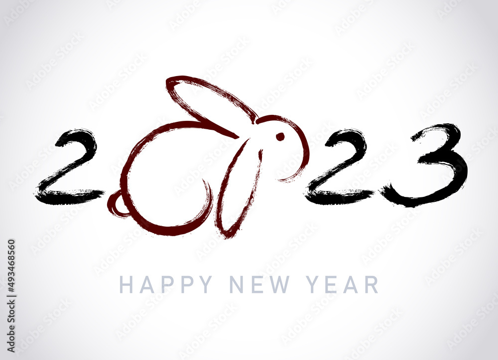 Fototapeta premium Rabbit. Greeting card design template with Chinese calligraphy for 2023 New Year of the rabbit. Lunar new year 2023. Zodiac sign for greetings card, invitation, posters, banners, calendar