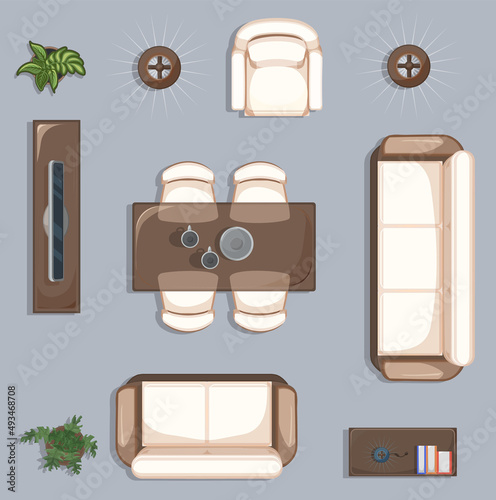 Set of furniture for the living room plan. Sofa, armchair, lamp, coffee and dining table, flower pots, TV stand. Flat furniture design items for apartment or office interior. Floor top elements