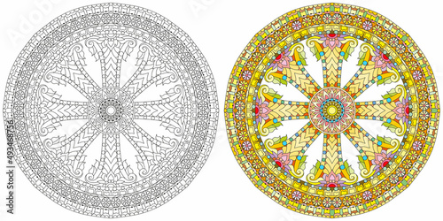 Dharma Wheel or dharmachakra, theach and walk to the path of Nirvana. Color and outline set