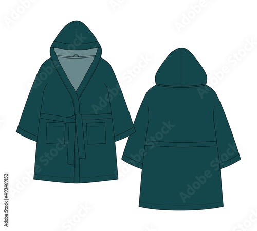 Bathrobe technical sketch. Hooded bathrobe with pocket and belt. Green color.