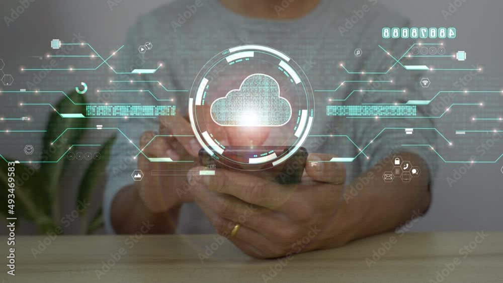 A men using smart phone for connecting to a cloud computing data hologram. business digital background.	