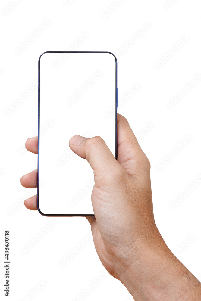 Front View of Man Holding Smart phone . Cell phone in Man hand on a white background With white display for COPY SPACE. Front View of Man Holding Smart phone . Cell phone in Man hand on a white background With white display for COPY SPACE.