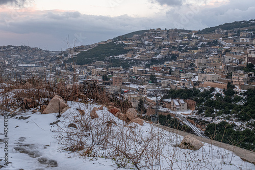 Snow in the Druze village of Beit-Jann in winter, Mount Meron, Upper Galilee, Northern Israel, Israel.