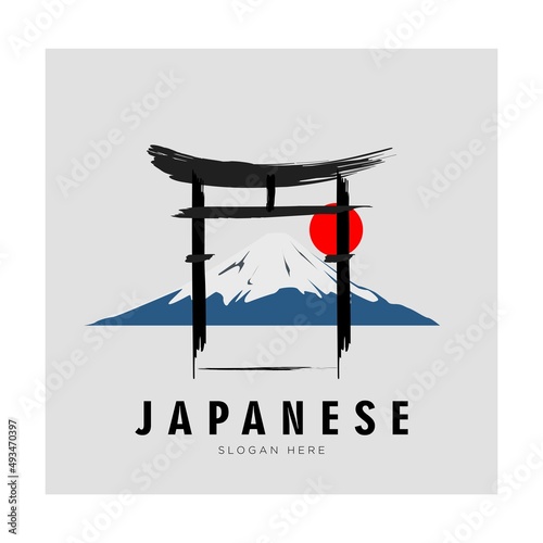 Simple symbol design of Torii gate and Fuji mountain with brush style.