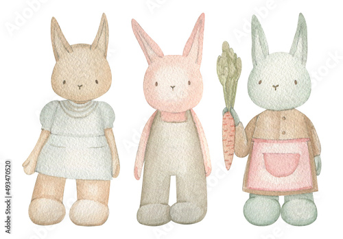 Watercolor collection of Bunnies in pastel colors. Cute set of spring illustrations. Mommy rabbit with apron and carrot and two kids: girl in blue dress and baby boy in sleepsuit (babygrow)
