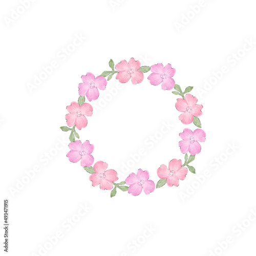 Pink flowers wreath on white background. Illustration.