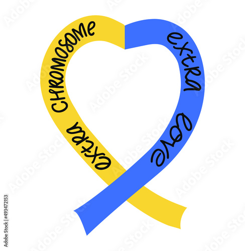 Extra chromosome extra love text with blue yellow ribbon. Support people with trisomy 21. World Down syndrome day card. Down syndrome symbol. Ribbon heart