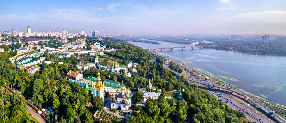 Aerial view of Pechersk Lavra in Kyiv before the war with Russia. UNESCO world heritage site in Ukraine