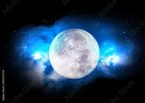Fototapeta Naklejka Na Ścianę i Meble -  Moon and super colorful deep space. Background night sky with stars, moon and clouds. View of the uniquely beautiful moon.