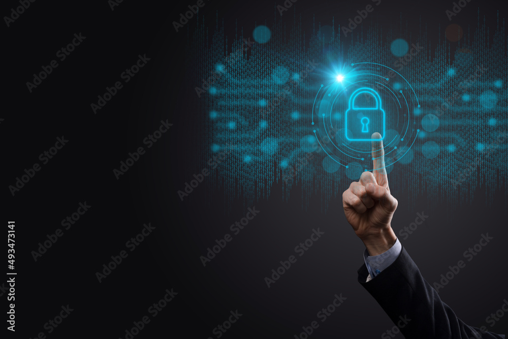 Cyber security network. Padlock icon and internet technology networking. Businessman protecting data personal information on tablet and virtual interface. Data protection privacy concept. GDPR. EU