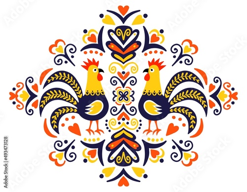 Folk art illustration on white background. Roosters with floral elements and ornaments.