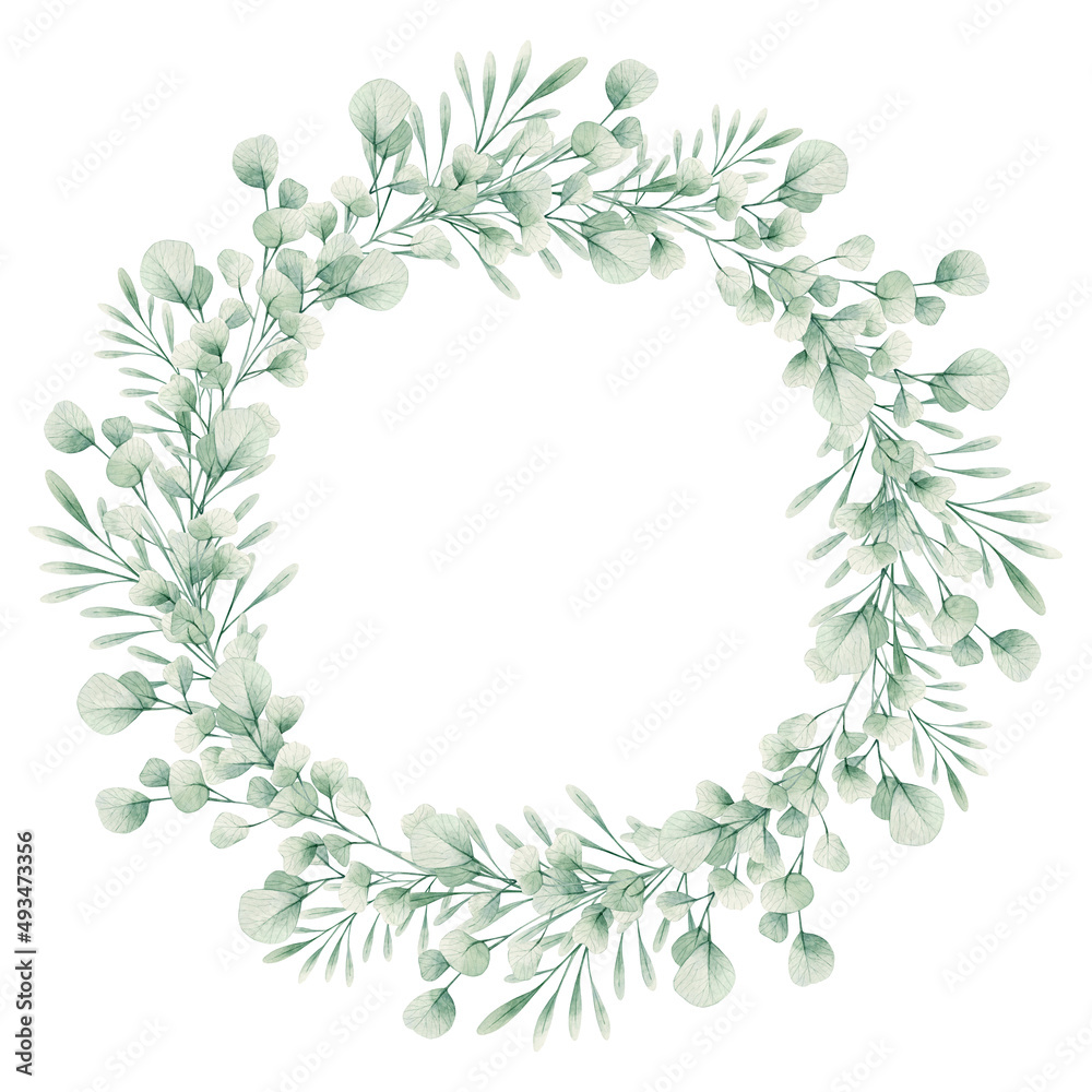 Watercolor illustration card with eucalyptus branches wreath. Isolated on white background. Hand drawn clipart. Perfect for card, postcard, tags, invitation, printing, wrapping. Watercolor illustration card with eucalyptus branches wreath. Isolated on white background. Hand drawn clipart. Perfect for card, postcard, tags, invitation, printing, wrapping.
