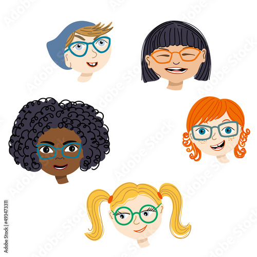 Cute vector collection of smiling kids portraits. Colorful hand drawn illustrations with multinational children wearing glasses isolated on white.