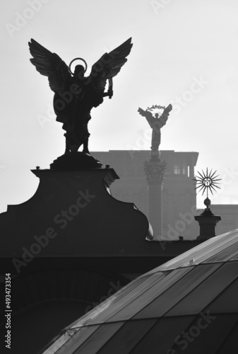 Maidan Nezalezhnosti in Kyiv. Silhouettes of landmarks in the morning light