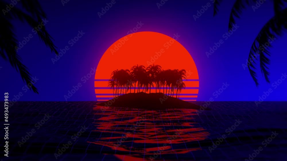 3d tropical sunset with island and palm trees. Ocean and neon sun in synthwave and new retrowave aesthetics 80s 90s