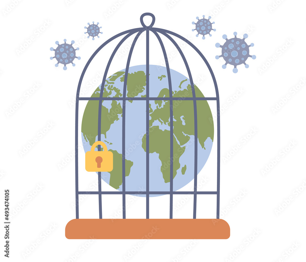 World lockdown to stop COVID-19 Coronavirus outbreak. Planet earth globe shape in cage. Quarantine, pandemic, crisis concept. Vector flat illustration World lockdown to stop COVID-19 Coronavirus outbreak. Planet earth globe shape in cage. Quarantine, pandemic, crisis concept. Vector flat illustration