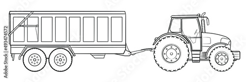 Farm tractor with trailer - stock outline illustration of a vehicle.