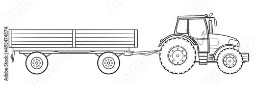 Farm tractor with trailer - stock outline illustration of a vehicle.