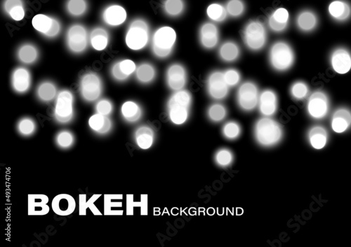 Shiny bokeh lights blur abstract background vector. Bright white Christmas bulb effect with dark black color backdrop. Vibrant glitter defocused texture art. Glow circle lamp party illustration.