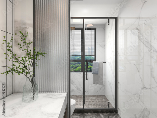 3D rendering,Clean modern residential bathroom and toilet design, which is equipped with washstand, toilet and shower equipment, etc.