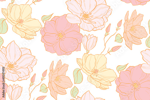 Pattern flowers hand drawn floral background beautiful Vector