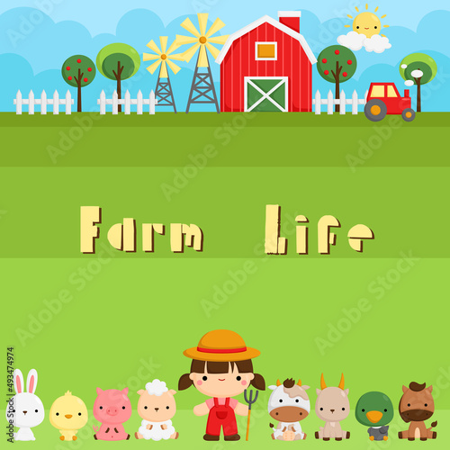 Fototapeta Naklejka Na Ścianę i Meble -  A Vector Background of Cute and Simple Farm Animals at Barn