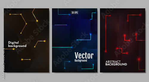 Set of vector posters. Digital technology. Vector illustration. Geometric artificial intelligence tech backdrop. Electronics with blue, yellow and red light.