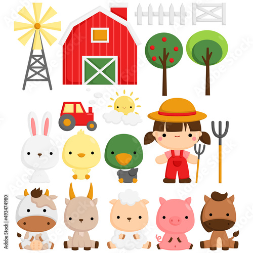 A Vector Set of Cute and Simple Farm Animals at Barn