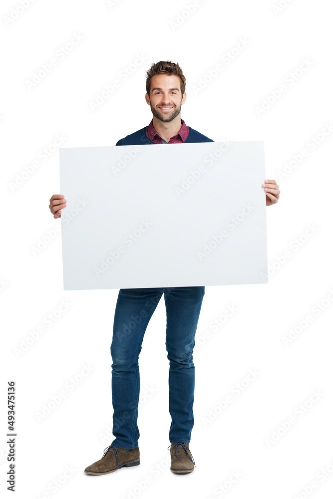 Copyspace for your customization. Studio portrait of a handsome man holding a blank placard against a white background. Copyspace for your customization. Studio portrait of a handsome man holding a blank placard against a white background.