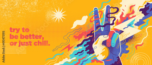 Billede på lærred Abstract lifestyle illustration with peace sign hand gesture and colorful splashing shapes