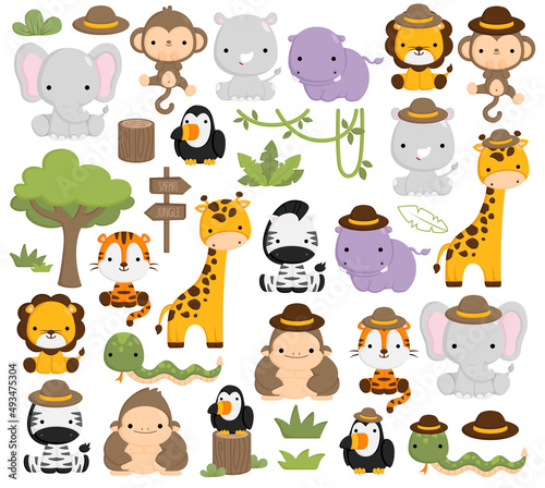 A Vector Set of Cute and Simple Safari Jungle Animals