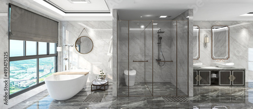 3D rendering,Clean modern residential bathroom and toilet design, which is equipped with washstand, toilet and shower equipment, etc.