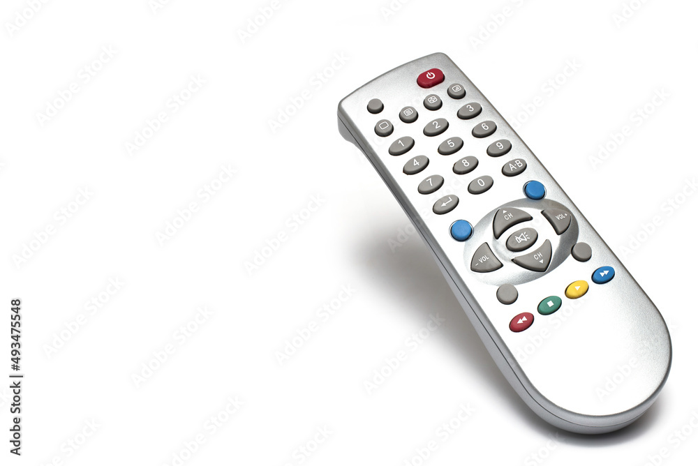 Closeup remote control TV buttons white background Closeup remote control TV buttons white background