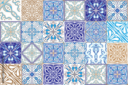 Collection of ceramic Azulejo tiles. Portuguese and Spain decor in blue
