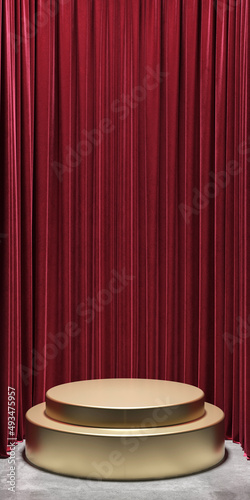 Foto podium stand display product loyal luxury red curtain background showcase and award concept advertisement commercial gold