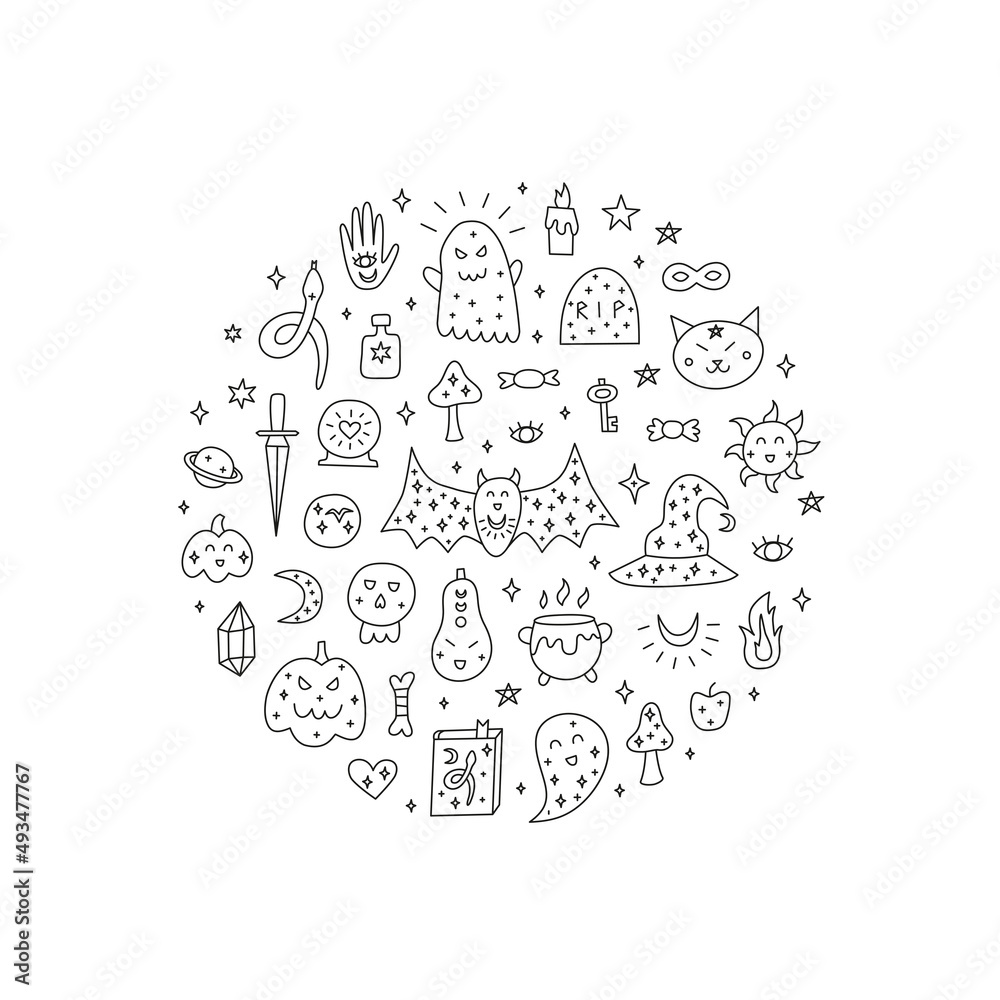 Doodle Halloween icons composed in circle shape.