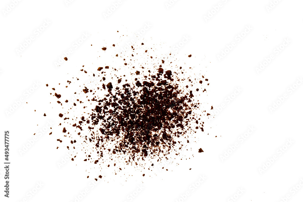 Coffee or chocolate powder ingredient burst isolated on white background