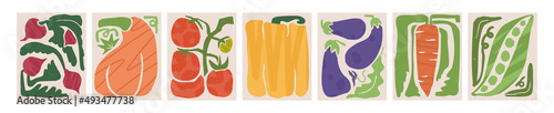 Collection of fresh and juicy vegetables. Garden greens in paper cut naive illustrations. Print for packaging, poster, wallpaper, cover, wrapping in linotype trendy style. All items are isolated
