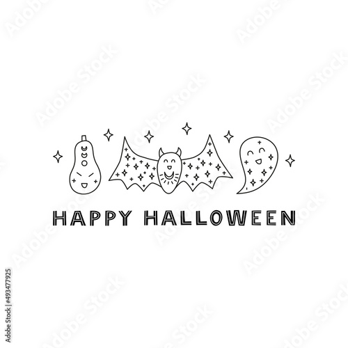 Poster with doodle Halloween icons on white background.