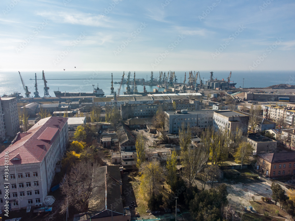 Berdyansk, Azov sea . Aerial drone view