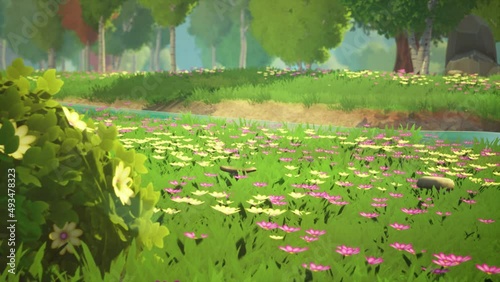 3D Animation Idyllic Garden scene populated of flowers and plants in spring season 