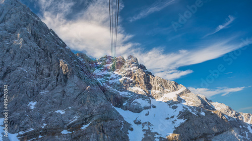 Garmisch Partenkirchen Germany, Zugspitze peak and Alps mountain range with Eibsee cable car