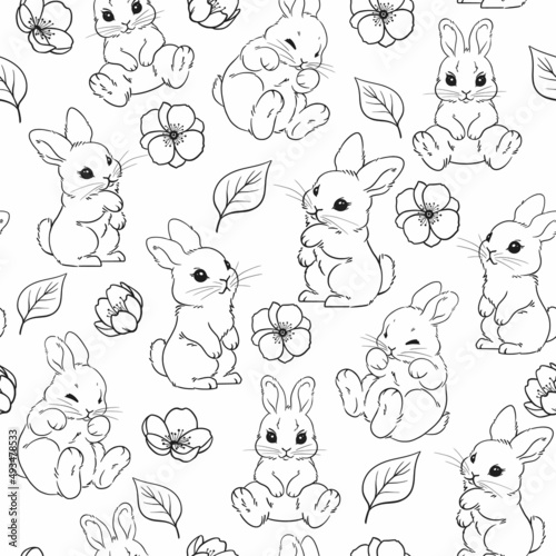 seamless spring pattern, Easter bunnies and apple blossoms, cute little hares, hand-drawn vector illustration, line graphics, on a white background. coloring or printing on fabric