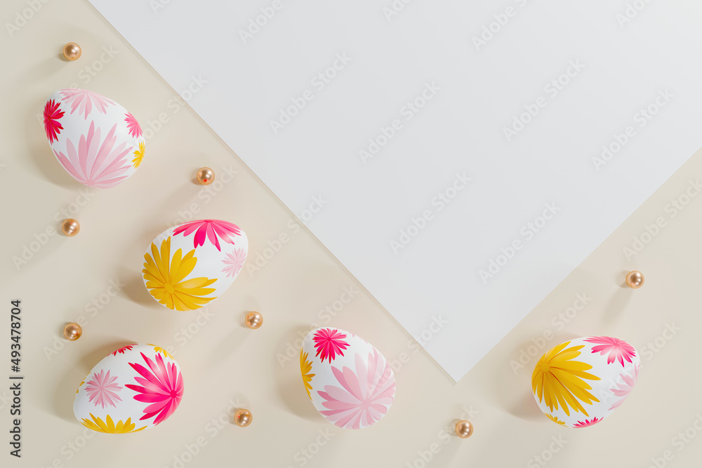 white easter eggs and candy ball on white fabric background.  flat lay. top view. happy easter day concept. 3D illustration