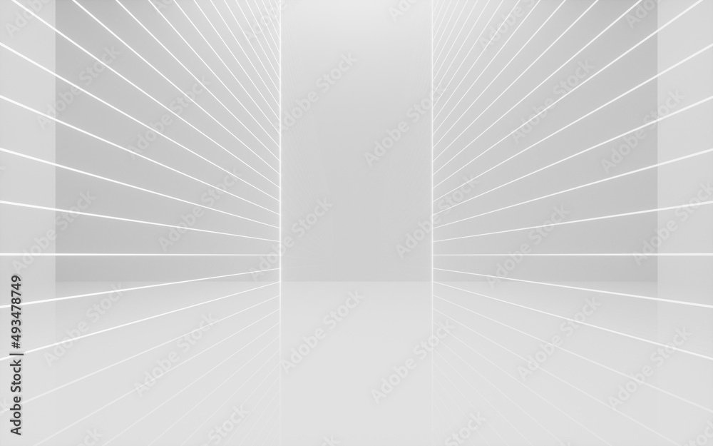 Naklejka premium White empty room with glowing neon lines, 3d rendering.