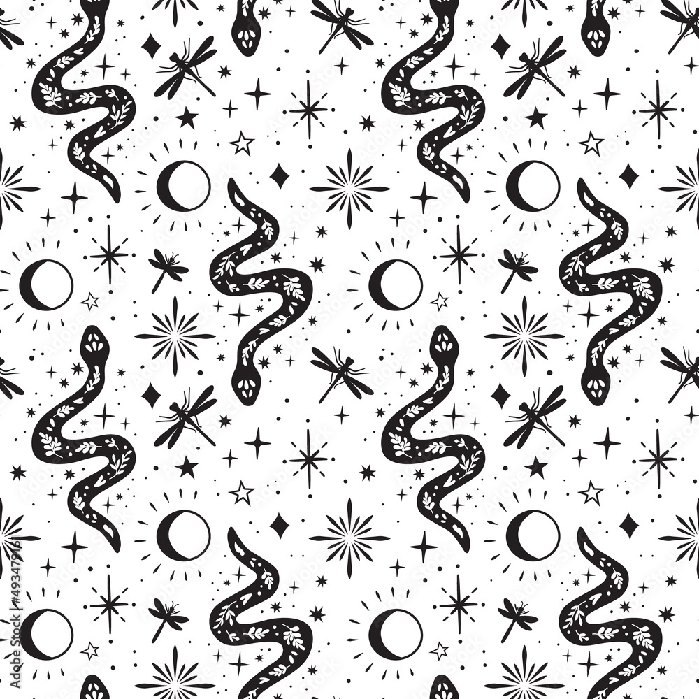 Fototapeta premium Boho celestial snake mystical seamless pattern. Vector