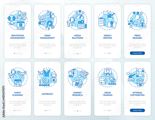 PR services blue onboarding mobile app screen set. Business reputation walkthrough 5 steps graphic instructions pages with linear concepts. UI, UX, GUI template. Myriad Pro-Bold, Regular fonts used