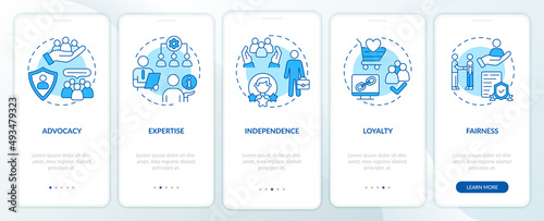 PR code of ethics blue onboarding mobile app screen. Principles walkthrough 5 steps graphic instructions pages with linear concepts. UI, UX, GUI template. Myriad Pro-Bold, Regular fonts used