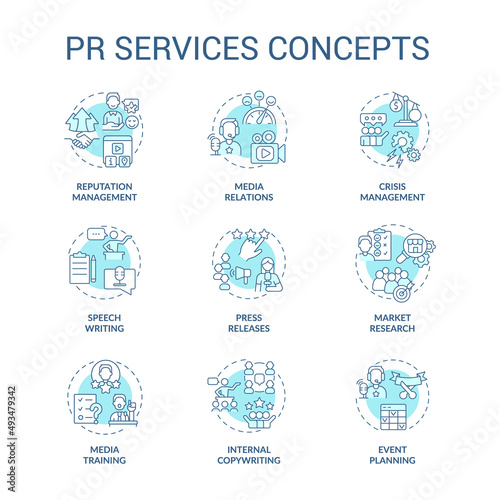 PR services turquoise concept icons set. Promotion of business. Advertising agency idea thin line color illustrations. Isolated symbols. Editable stroke. Roboto-Medium, Myriad Pro-Bold fonts used