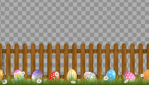 Seamless wooden fence with grass and easter eggs